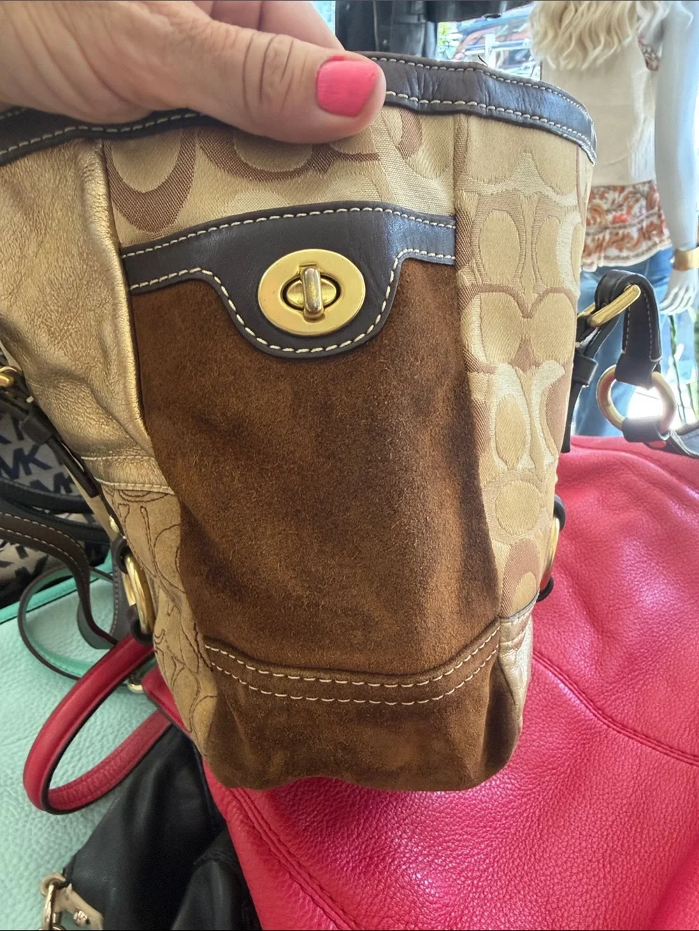 Coach Patchwork Signature Shoulder Tote in Metallic Gold and Brown Leather Trim